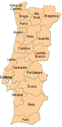 Kaart met de districten van Portugal